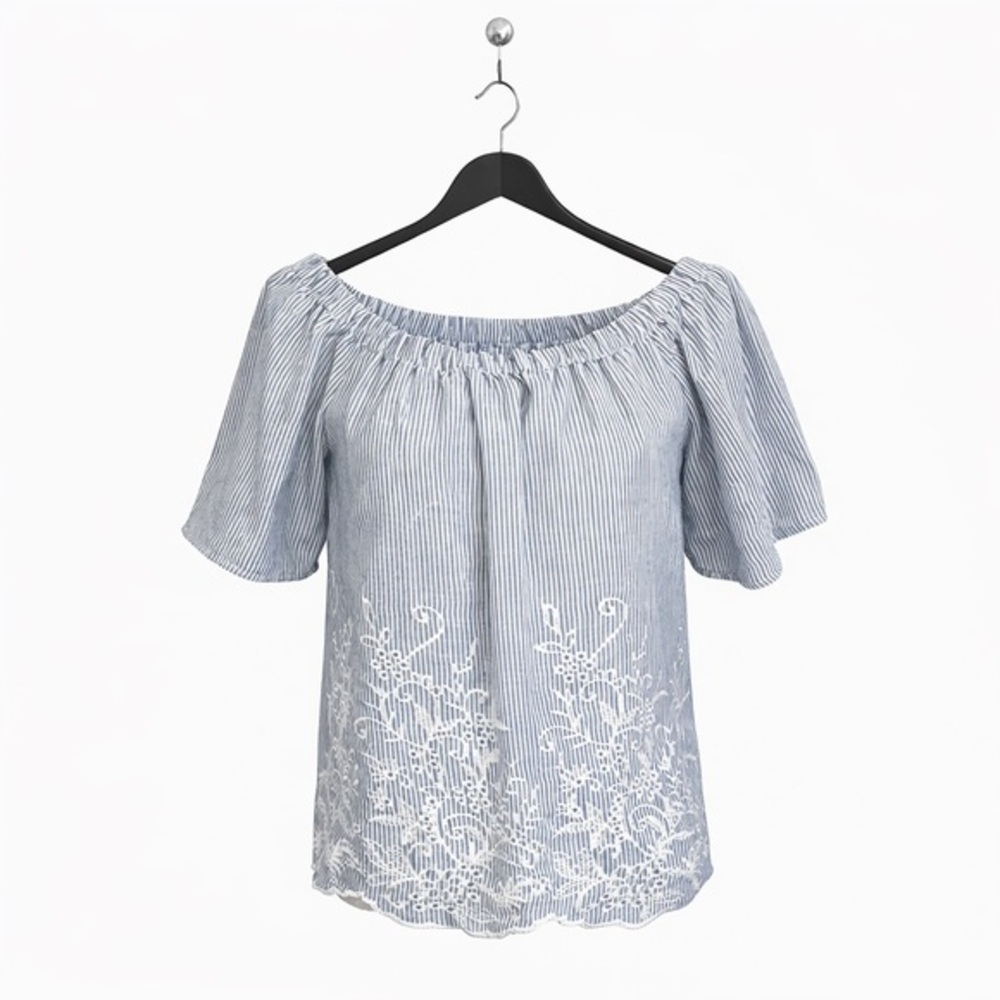 ⭐️ Cure Blue & White Striped Embroidered Peasant Top – Size Medium